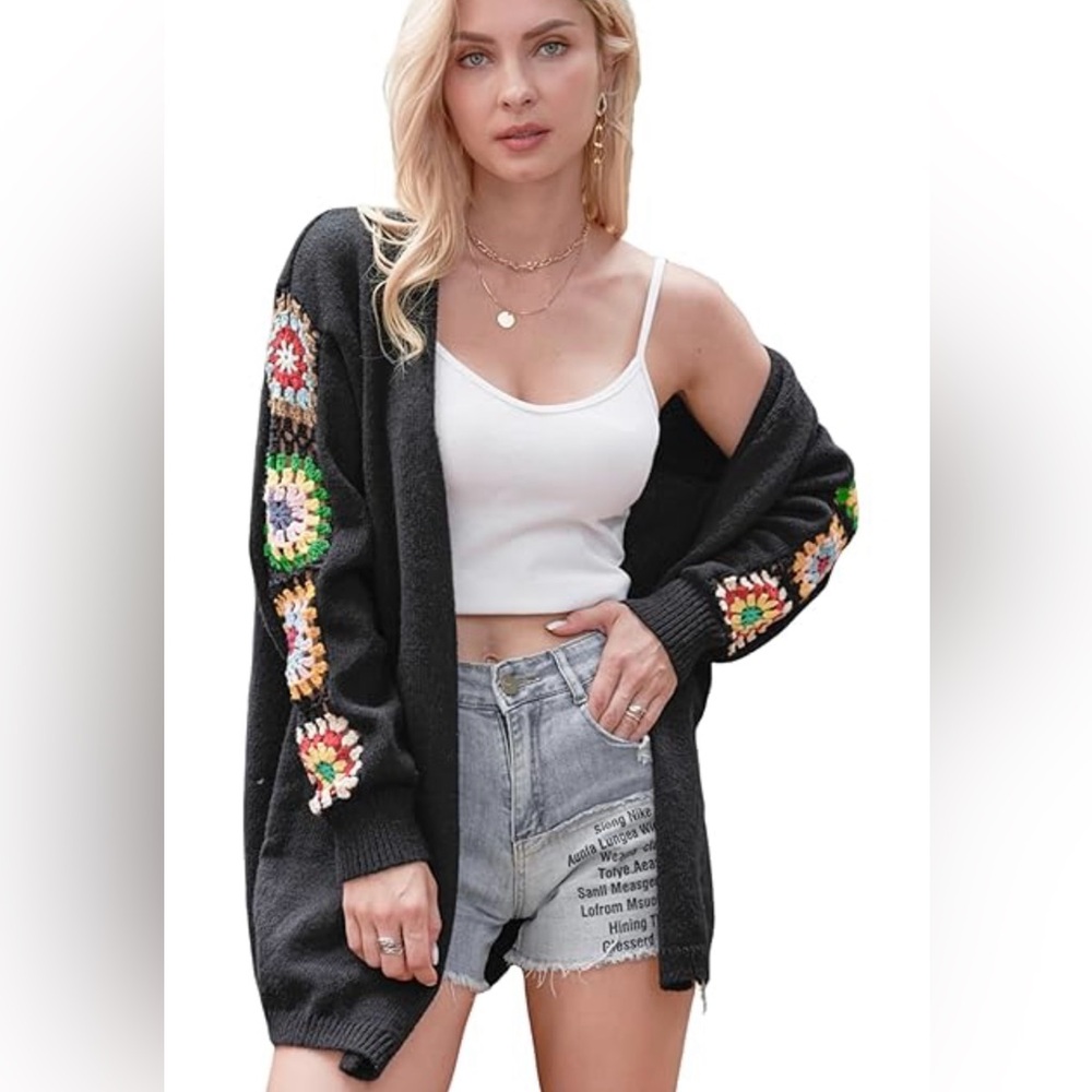 Crochet Sleeve Open Front Cardigan Sweater Women’s 1X Boho Granny Square